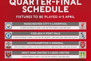 足总杯1/4决赛开球时间出炉：4月4日19:45曼城vs利物浦