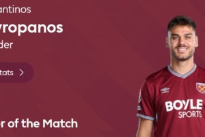 头球扳平，英超官方：马夫罗帕诺斯当选西汉姆1-1曼城全场最佳