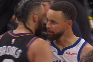 风度！库里与狄龙、杰伦·格林拥抱致意 科尔还跟狄龙聊上了